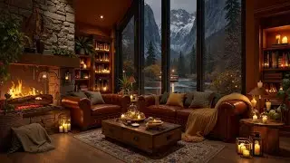 Cozy Cabin Jazz & Fireplace Sounds ~ Rustic Library Ambience for Stress Relief & Calm