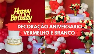 Decoração facil de fazer aniversário vermelho e branco painel romano arco de balão desconstruído 