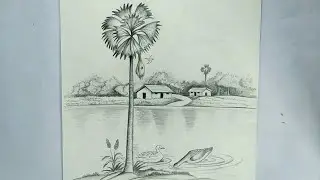 how to draw a village scenery | palmyra palm tree drawing