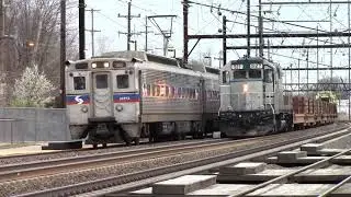 20180417 April 17 2018 SEPTA and Amtrak trains passing the TLM Tie Laying Machine Cornwells Heights