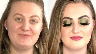 GREEN SPOTLIGHT EYE MAKEUP TUTORIAL WITH GLITTER | FULL FACE WITH FULL COVERAGE | Shahena Beauty