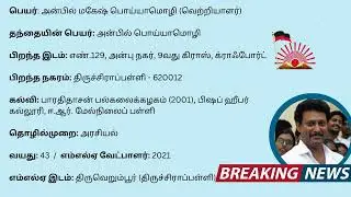 Thiruverumbur MLA - Anbil Mahesh Poyyamozhi - DMK  (2021 - 2026)