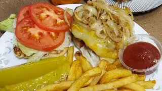 Big momma cheese burger/season fries/pickles/German chocolate pie/orange Fanta 