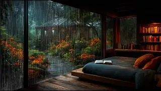 Calm Rain in Cozy Library Bedroom with Garden View 🌧️ Light Rain on Window for Reading & Deep Sleep