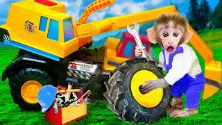 Maymun Baby monkey Bon Bon fixes excavator and swimming pool | Animals HT