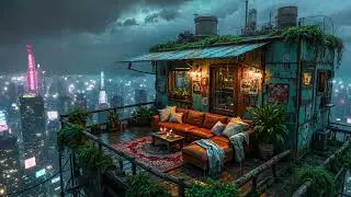 Lo-fi Rain ☔ Cozy Floating House Above Cyberpunk City &bull; Relax, Study, Sleep & Relieve Stress