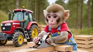 Baby Monkey Drives Tractor, Harvests Tomatoes & Builds Wooden Bridge Across River!🐒🚜