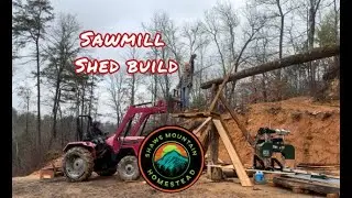 Building sawmill shed with logs. Milling wood for framing. Woodland mills . Tennessee mountain life