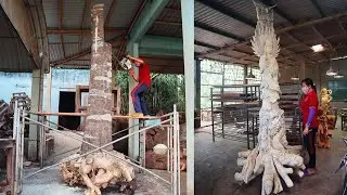 Đục gốc cây Dó Bầu siêu khủng- Asian Turn a Giant Tree into a Dragon Buddha - Nghệ nhân Âu Lạc 12