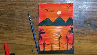 Peaceful sunset 🌇Birds, mountains & calm vibes 🎨Nature painting for relaxation 💛