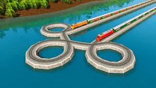 4 Trains Passing the Extreme Triple Loop Track in the Middle of a Lake🚦Train Shaky & Turning Around