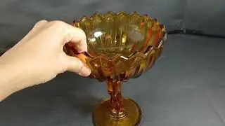 Vintage Indiana Amber Glass Lotus Blossom Pedestal Bowl