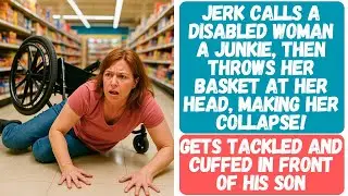 ENTITLED JERK CALLS A DISABLED WOMAN A JUNKIE THEN THROWS HER BASKET AT HER HEAD MAKING HER COLLAPSE