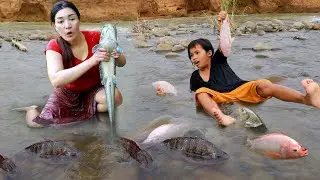 Catching many fish by river for food- Grilled fish so delicious for dinner +6food cook and eat