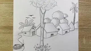 Comment dessiner un paysage rural avec des maisons et des arbres – Tutoriel facile étape par étape