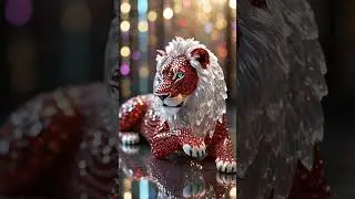 The ornate lion sculpture sweeps its crystal-adorned paw turning its head with regal confidence