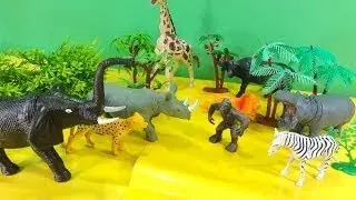 Toy Animals: Gorila Le&atilde;o Bufalo Hipopotamo Zebra Leoa Gnu Rinoceronte unboxing toys
