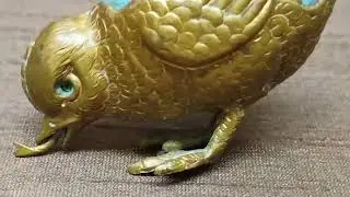 Antique Victorian Gilt Metal and Celluloid Bird with Worm Sewing Tape Measure. 3.5cm High