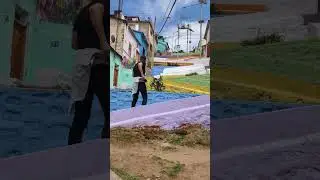 Climbing up colorful switchback street stairs, Coquimbo, Chile, 2023-10-24