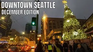 Downtown Seattle, Washington Christmas Lights in December 2019 4K Walking Tour