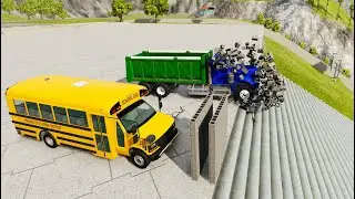 Heavy Vehicle Insane Stairs Jumps Down Through Brick Walls (Crash Test) - BeamNG.drive Stairs Jumps
