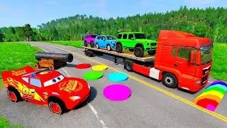 Triple Flatbed Trailer McQueen Transportation with Truck - Speedbumps vs Cars vs Train - BeamNG #12