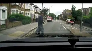 Drunk pedestrian crossing the road. Near miss.
