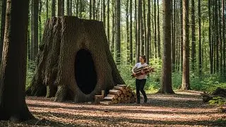 I Carved a Luxury Shelter Inside a Giant Fallen Tree 🌳 | Secret Forest Survival Build (ASMR)
