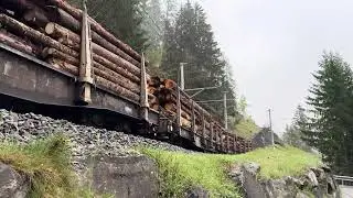 Rh&auml;tische Bahn, Holztransport, Langwies, 8.5.2025, 08:25 @rhaetischebahn ​@lgbgartenbahn