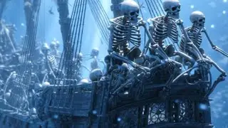pirates are hoisting their skeletal flags on their ship.pirates of Caribbean sea.
