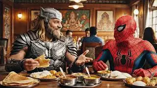 Thor and Spider-Man eating South Indian hotel 