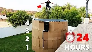 24 HOUR 4 Story Trampoline Box Fort Overnight!! w/ Secret Rooms