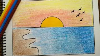 Sunset view drawing #Beach Drawing  #wow wow art #sunset #ocean #Beach Drawing
