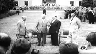 Eisenhower, Anthony Eden, Nikita Khrushchev and Nikolai Bulganin arrive at Geneva...HD Stock Footage