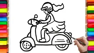Vespa Scooter Drawing, Colouring and Painting for Toddlers, Kid's | how to draw a girl on a Scooter