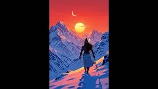Lord Shiva, with flowing black hair and a serene expression, roaming in snow-covered Himalayan
