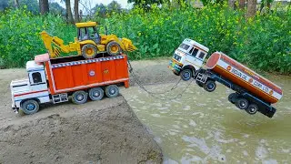 Jcb Cartoon Video | Tata Petrol Tanker River Side Accident Pulling Out JCB 5CX | Tractor Cartoon