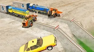 Cars and Ramp Truck vs Huge Pit and Trains - BeamNG.Drive Flatbed