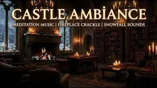 Medieval Castle Library Ambiance | Crackling Fireplace & Snowfall | Relaxing Meditation Music