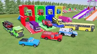 TRANSPORTING COLORFUL MIXER TRUCK, KARA TRUCK, MERCY POLICE CARS, AMBULACE, MINI TANKER FS22