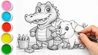 how to drawing pig & crocodile 🐊 for kids | drawing | pig 🐖 colour | crocodile painting 