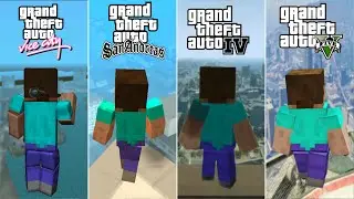 Стив из Minecraft прыгает с самой высокой точки в каждой игре GTA (2002&ndash;2026)