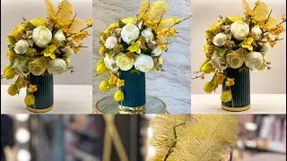 How to make - White and yellow flowers arrangement in vase 🌻🌸تنسق ورد صناعي على فارة صغيرة