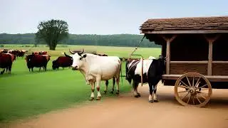 Rustic Charm: Oxen Pulling Creaky Wooden Cart | No Copyright & Free to Use for Editing