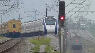 ONE Train Crossing TWO Trains | Beauty of AUTOMATIC BLOCK SIGNAL ~ Indian Railways RARE Scenes