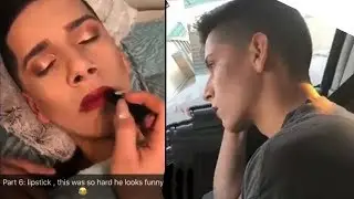 Girlfriend Put MAKEUP ON HER Boyfriend IN PUBLIC PRANK - How does someone sleep through all of that