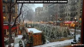 Christmas Tree Market on a Snowy Evening 🎄❄️ Cozy New York Winter Ambience | 4K