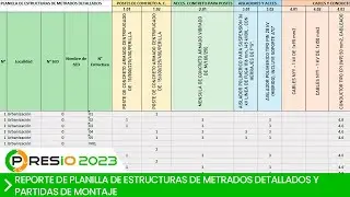 PRESIO - Reporte de planilla de estructuras de metrados detallados y partidas de montaje