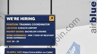 Hiring Training Coordinator in Air Blue For Karachi Airport