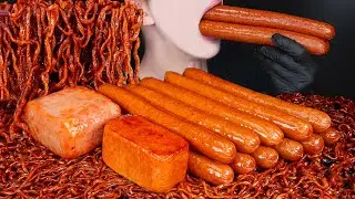 ASMR SPICY SAUSAGE MARA SPAM BLACK BEAN NOODLES COOKING MUKBANG 소세지 먹방 ソーセージ 咀嚼音 Sosis EATING SOUNDS